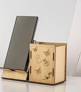 مقلمة و حامل تليفون من الخشب لون بيج للمكتب والمنزل