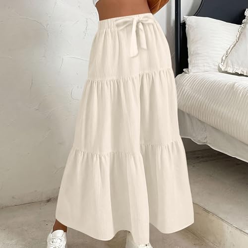 Drawstring Maxi Long Skirts for Women, Ankle Length High Waisted Pleated Tiered Flowy A Line Summer Casual Skirt4