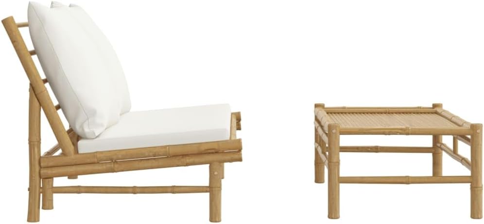 Natural Bamboo Garden Lounge Set with Cream White Cushions, 2-Piece Outdoor Seating Set for Patio and Balcony, Durable Polyester Cushioned Bench and Table for Relaxation