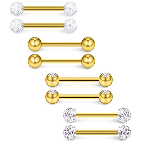 Ruifan 14G 9/16Inch Crystal Ball Nipple Tongue Shield Ring Barbell Body Piercing Jewelry Retainer 8-14PCS