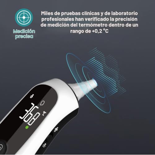 Miniatura 4 de SOLMIRA - Termómetro Infrarrojos FC-IR105, Sin Contacto, Medición en 1 Segundo, Preciso ±0.2°C, Modo Frente/Oído/Objetos, Memoria 35 Lecturas, Pilas y Bolsa Incluidas, Blanco
