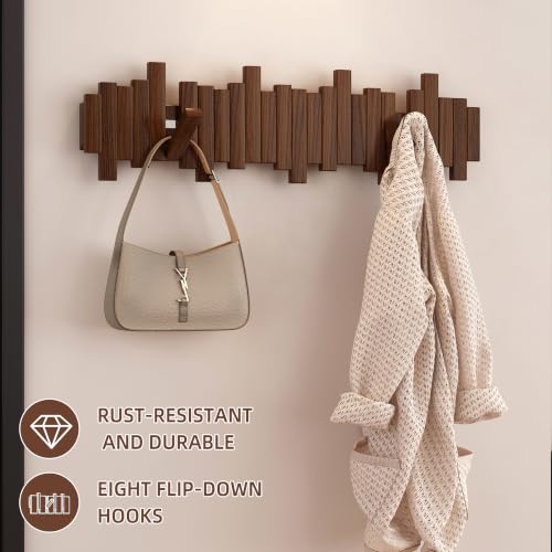 EcobooLife Wooden Piano Coat Rack Wall Mounted, Coat Hooks Hanger Wall Mount with 8 Hooks, Flip-Down Natural Coat Rack for Hanging Keys/Bags, Space Saving Home Hangers, Walnut - image 3