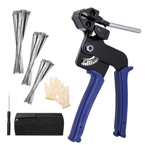 Stainless Steel Cable Tie Gun, Adjustable Fastening And Cutting Metal Zip Ties Tool, With 150pcs 11 in Metal Steel Zip Ties & Free Zip Tie Release Tool for Outdoor Fence/Exhaust Pipe/Cable