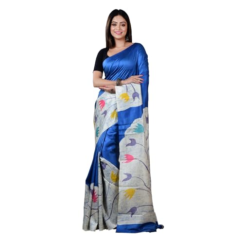 Image of 3stones Women's Mulberry Silk Saree | Printed Handwoven, Hand Batik Pure Saree with Unstiched Blouse Material Piece | Suitable for All Indian Weddings & Festivals | Traditional flower Prints