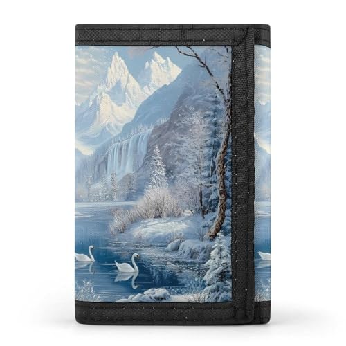 Winter Swans Snowy Mountain Lake Trifold Wallets for Men Women Ultra Thin Card Holder Purse with Zip Coin Pocket