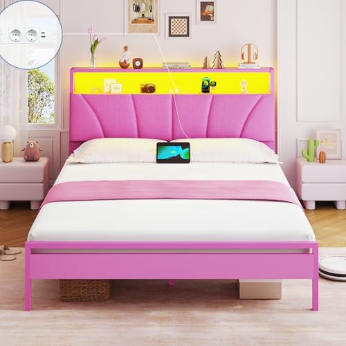 Brinlawb Lit Fille 120x200 cm avec Éclairage LED et Multiprise (2 Prises AC et 2 Ports USB) Cadre de Lit 120x200 avec Sommier Métal, Lit Enfant 120x200cm,...