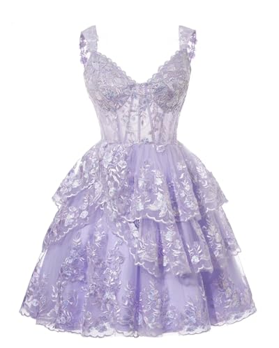 YOFF Sparkly Tiered Lace Homecoming Dresses Corset for Teens Spaghetti Straps Puffy Short Prom Cocktail Gowns YO1272