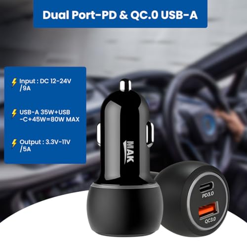 Image of MAK 80W Dual Port Fast Car Charger with Type-C & USB, LED Indicator, Metal Charging Adapter Compatible with iPhone, Samsung PD, PPS & Supports Dart, Dash, Warp, Vooc, SuperVooc 3.0 in Android (Black)