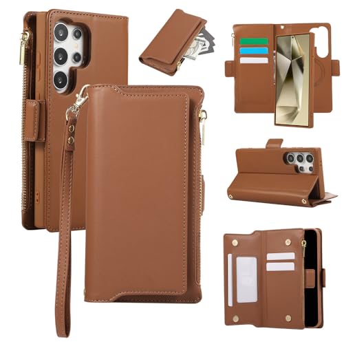 Coque Samsung S26 Ultra marron avec rabat magnétique et dos amovible 2-en-1 en cuir