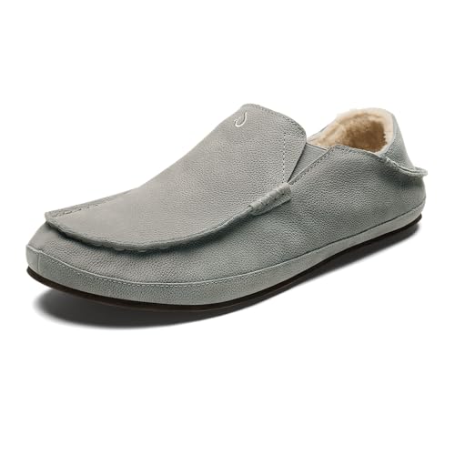 OLUKAI Moloa Slipper Men's Premium Leather Slip On Shoes, Soft Genuine Shearling Lining & Gel Insert, Drop-In Heel & All-Day Comfort