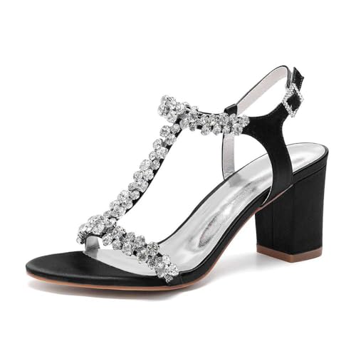 TarfiC Women's High Heel Round Toe Buckle Chunky Heels Rhinestones Wedding Shoes Satin Peep Toe Comfortable Sandals Dressy