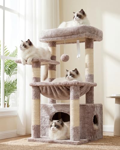 Heybly Albero per Gatti, con Cestino Extra Grande e Morbido, Letto Spazioso, Posto Letto Nascosto, Colonne in Sisal Robuste e Palla di Peluche, Beige Marrone HCT008SMU