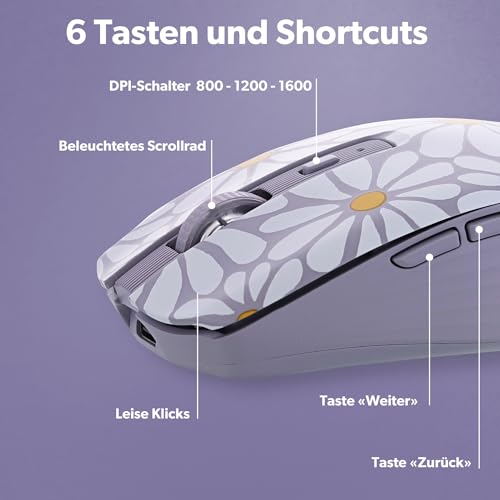 T'nB - Kabellose Maus, Dual Mode Bluetooth und USB-A, Wiederaufladbar, Lange Akkulaufzeit, Leise, 1600 DPI Genauigkeit, 6 Tasten, Kompatibel mit Windows, Linus und MacOs - Modell Flower – Bild 6