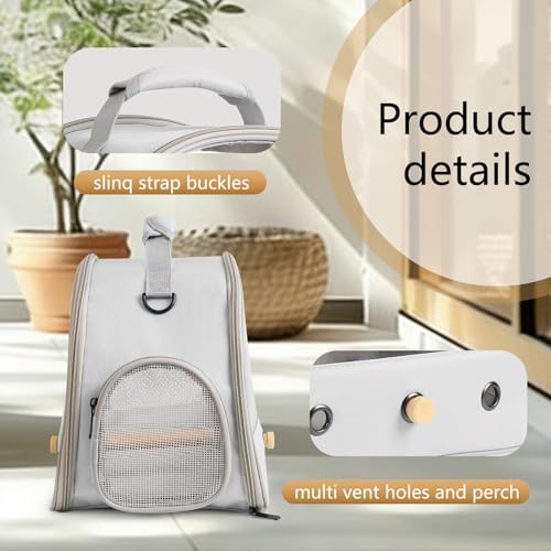Image of Bird Carrier, Portable Small Bird Parrot Parakeet Carrier with Standing Perch and Stainless Steel Tray, Side Access Window Collapsible (Grey, Mesh Windows)