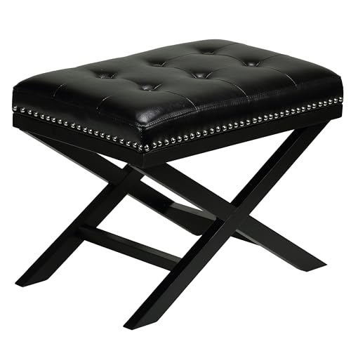 Cortesi Home Kayla Traditional "X" Bench Vinyl Ottoman with Nailhead Trim Finish, Black