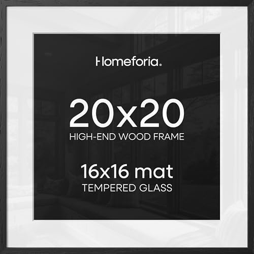 Image of Homeforia 20x20 Black Wood Frame, High End Oak 20 x 20 Square Picture Frames with Mat 16 by 16 inches Photo, 20by20 Black Wooden Poster Frames Matted to 16x16 Print, Tempered Glass, Wall Kit, Set of 1