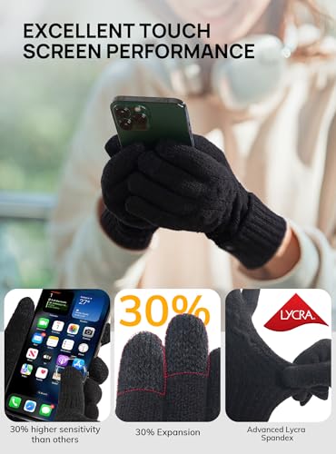 TRENDOUX Winter Handschuhe Damen Thermo, Warm Elastisch Touchscreen Handschuhe, Flauschige Handy Verdickt Fäustlinge Für kaltes Wetter Indoor Outdoor Laufsport, Wandern - Schwarz