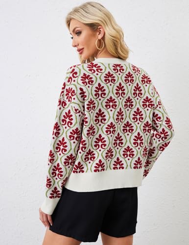 Image of Women's Floral Printed Cardigan Open Front Button Down Knit Flower Sweaters Long Sleeve Crew Neck Fashion Tops Red