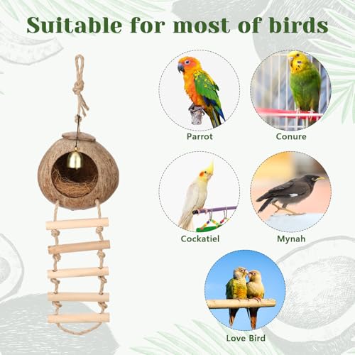 Image of Briwooody Coconut Shell Bird Nest House Breeding Bed Nestingand Anti-Pecking Bite with Natural Coir Fiber Bird Nest Toy Bell for Parrot Budgie Parakeet Cockatiel Conure Lovebird Canary Finch(Classic)