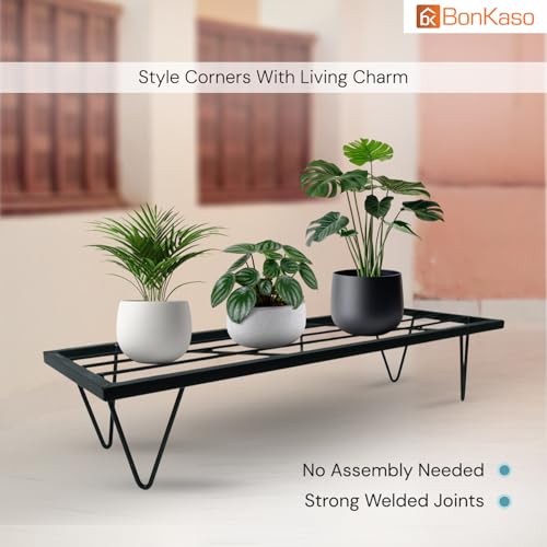 Image of BonKaso Heavy Duty Rectangle Plant Stand: 60.9X 20.3 x 12.7 cm, Black - Set of 4, Modern Design for Indoor & Outdoor Use, Sturdy, Anti-Rust Planter Stand for Garden, Balcony, Patio