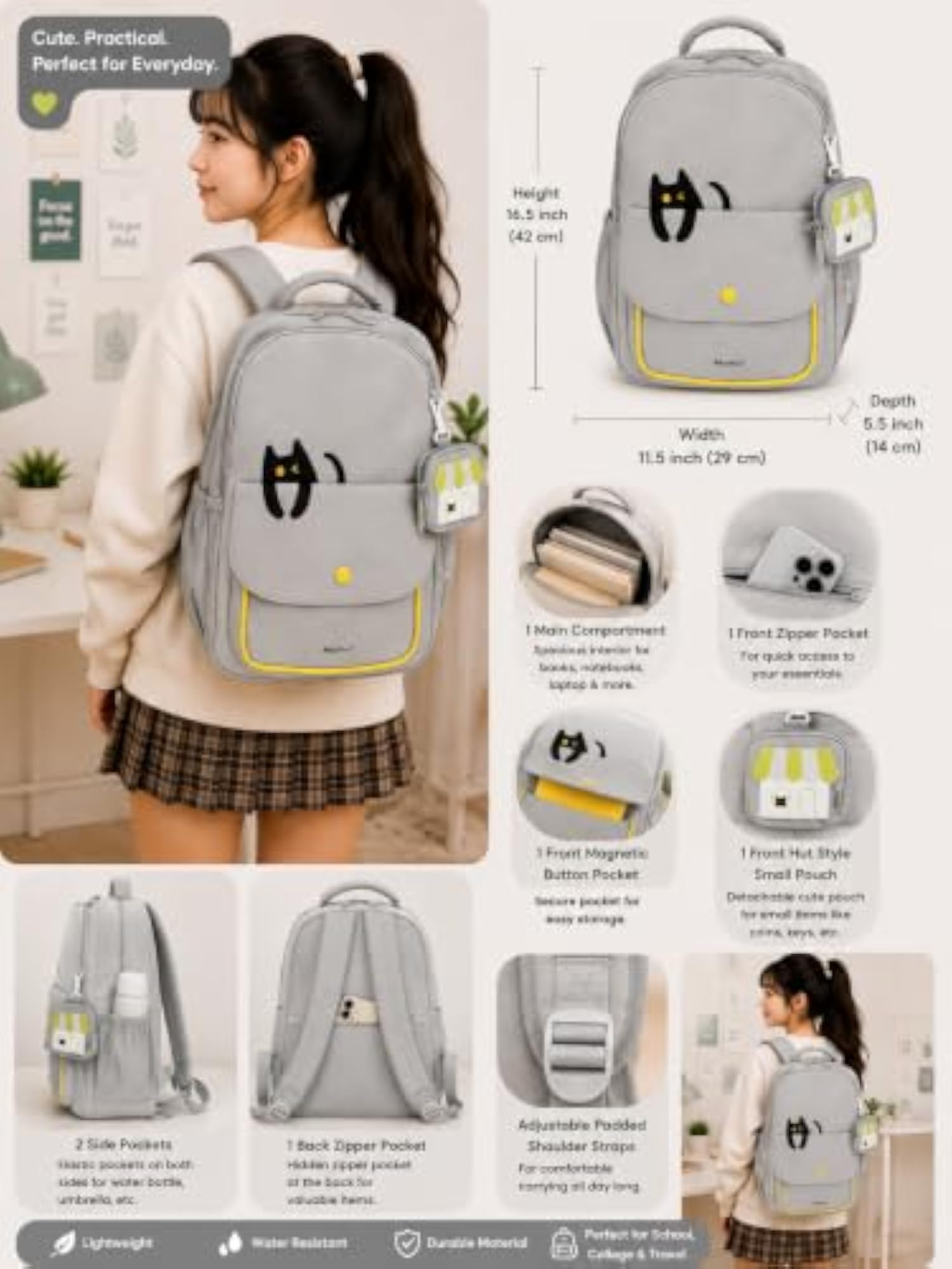 Modivo Cute Cat Design Backpack with Detachable Pouch