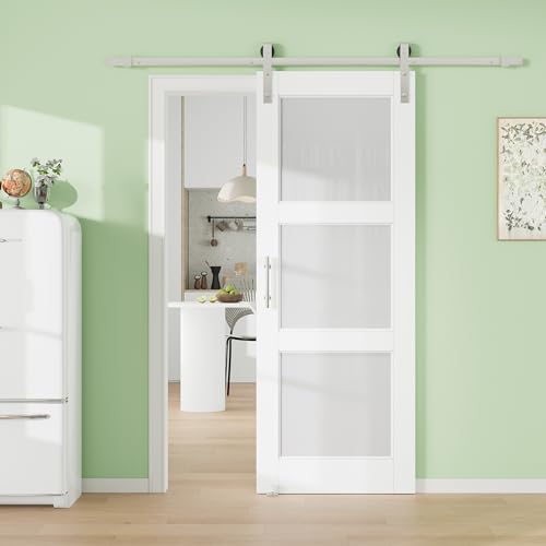 Image of 30 inch x 80 inch 5-Lites Solid Core MDF Panel Barn Door with Trimmable 72 inch Track Kit, Paintable Sliding Barn Doors for Closet Kitchen Bedroom Excellent Sound & Thermal Insulation, Nickel-Plated Hardware Kit