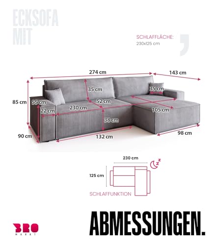 BROMARKT Sofa mit Schlaffunktion Couch L Cordstoff Sofa Bettkasten Schlafsofa für Wohnzimmer Ecksofa freistehend Adi XL Relaxsofa 3 sitzer 272x143x85 cm Hellgrau