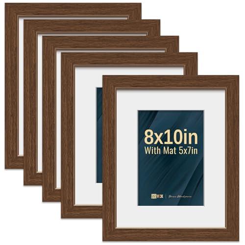 Image of VCK 8x10 Picture Frame 5 Pack, Brown Wood, 5x7 Mat, Glass, for Portrait