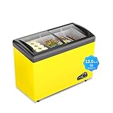 Commercial Chest Freezer Ice Cream Display Case, 13 Cu.Ft Mobile Glass Top Chest Freezer with 3 Removable Wire Baskets - 2 Sliding Glass Door Fridge w/4 Wheels for Store Supermarket, Yellow