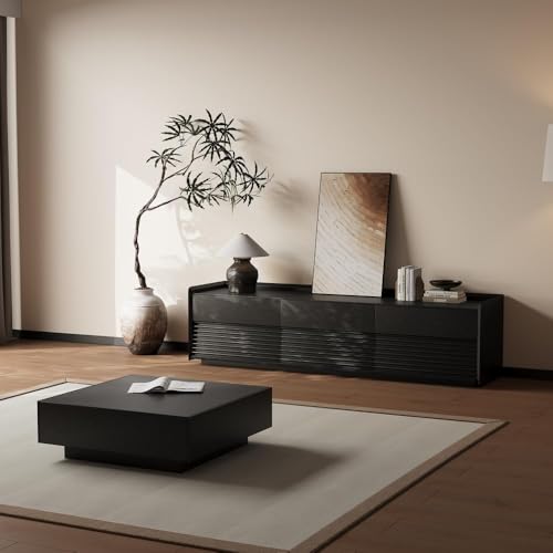 Image of POVISON Fully-Assembled Mid Century Modern TV Stand, 70.87 inch Entertainment Center with LED Light, Black Walnut Solid Wood TV Console for Living Room, TV Stand with Storage