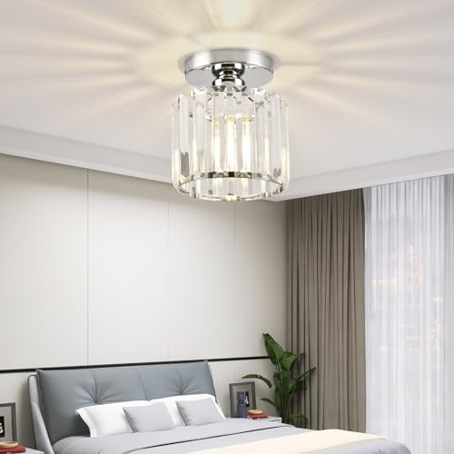 Small Crystal Ceiling Light, Silver Crystal Chandelier Modern LED Ceiling Light Pendant Fixture Lighting for Bedroom Hallway Entrance Balcony