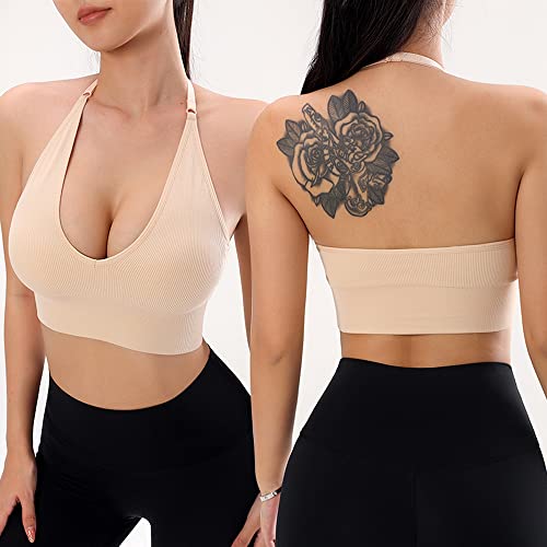 Women Halter Bra Top Yoga Bralette Crop Tanks Workout Sports Bras V Neck with Adjustable Strap Seamless Padded3