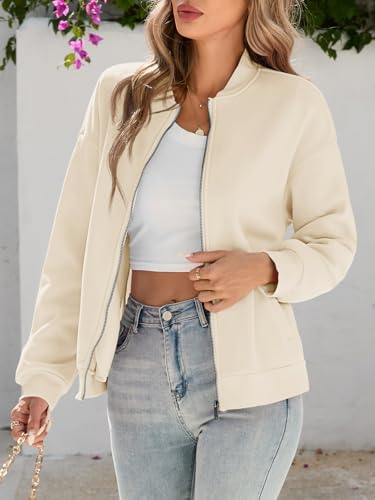 Fisoew Womens Zip Up Long Sleeve Sweatshirt Jacket Casual Loose Coats With Pockets Beige - image 2