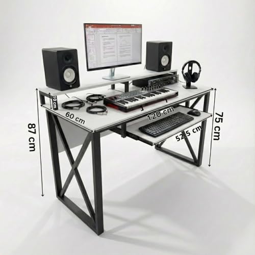 Image of FFO Music Studio Desk | Music Studio Desk with Keyboard Tray | Workstation,Laptop PC Computer, Music Instrument Table for Music Producers | (White) | (120L x 60W x 87H CM) | (DIY)