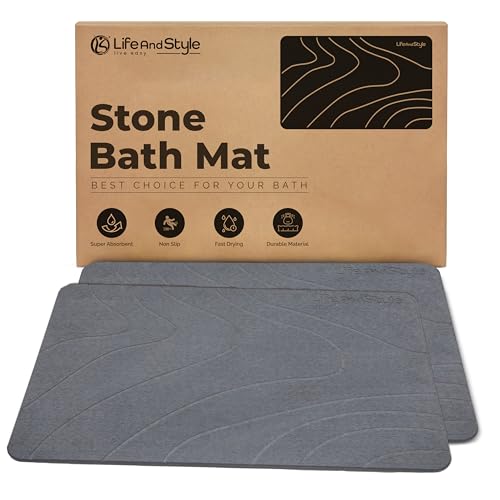 Life And Style 2 Pack Stone Bath Mat Diatomaceous Earth Shower Mat - Grey Wave Design Non Slip Super Absorbent Diatomite Stone Mats for Bathroom Floor Quick-Drying Easy to Clean (24 x 16 Inch)