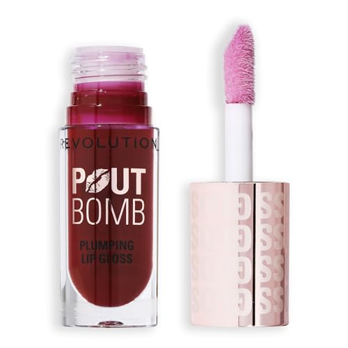 Image of Makeup Revolution Pout Bomb Plumping Gloss - Jelly Berry Mauve | 3-in-1 Lip Plumper + Gloss + Treatment | With Hyaluronic Acid, Vitamin E & Peppermint | Glass-Like Shine, Non-Sticky Finish | 100% Vegan & Cruelty-Free | 4.6ml