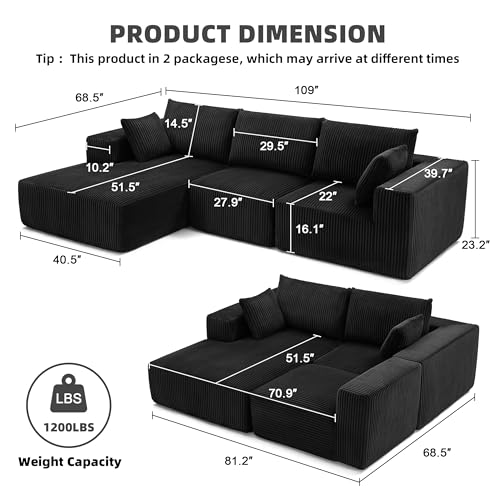 Image of 108 inch Modular Sectional Sofa, Cloud Sectional Couch with Deep Seat, Modern Modular L-Shape Sofa Couch with Chaise,Upholstered Couches for Living Room Bedroom (Black, Left Facing Chaise)