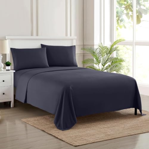 Image of Full XL Sheet Set - Breathable Luxury Sheets, 5 Inches Longer Than Full for Extra-Long Mattresses - Full Elastic & Secure Corner Straps Built in - 1800 Supreme Collection Deep Pocket Bedding, Navy