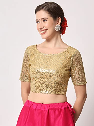 Image of studio rasa Women's Net Sequin Embroidered Sheer Sleeves Readymade Saree Blouse for Wedding Festive Party
