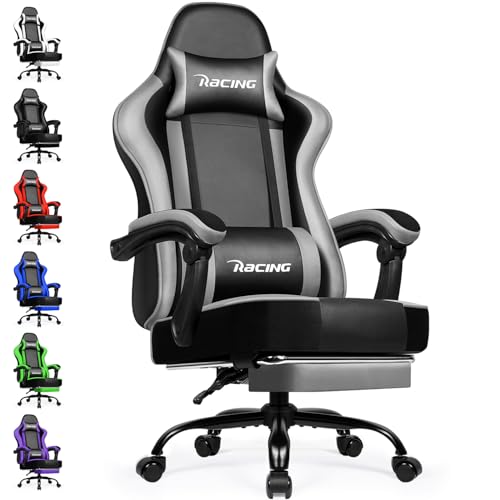 minnouat Gaming Stuhl Ergonomischer mit Fußstütze, Gaming Chair 150 kg Belastbarkeit, Gamer Stuhl aus Kunstleder, Höhenverstellbarer PC Zockerstuhl Bürostuhl für Jugendliche Erwachsene, Grau