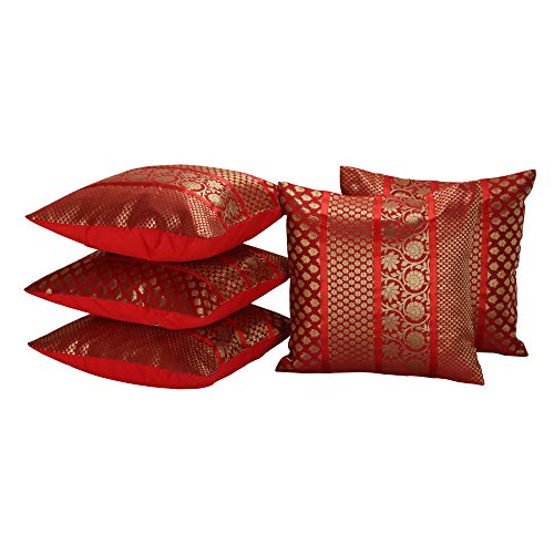 Image of Home Decor Decorative Heavy Brocade Banarsi Silk Cushion Covers Pillowcase 16 inch Rajasthani Diwan Living Room Sofa Settee Couch Cushion Pillow 40 x 40 cm (Red, 5)