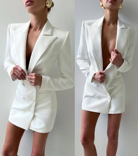 Women's Double Breasted Tuxedos Blazer Sexy Coat Dress Peak Lapel Daily Suit Jacket4