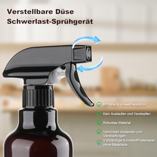 Hokretme Kunststoff-Sprühflaschen, 2 Stück 500 ml, leere Sprühflasche, robuste Sprühflaschen, Nebel-/Stream-Wasserflasche für Reinigungslösungen, ätherische Öle, Haare, Kochen, bernsteinfarben