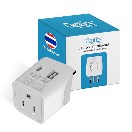 Ceptics Thailand Travel Plug Adapter – Type O Power Adapter with USB-C & A + USA Input – Ultra Compact,3-in-1 Safe Grounded Adapter Plug for Thailand