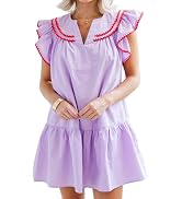 HOULENGS Women's Summer Flutter Sleeve V Neck Flowy Mini Dress Casual Stitch Contrast Ruffle Hem ...