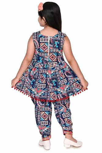 Image of Girls Ethnic Kurti and Dhoti Pant Set - Sleeveless Printed Outfit with Pom-Pom Hem | Dress for Kids