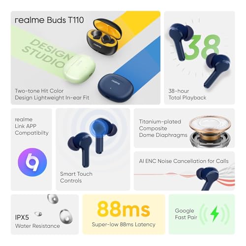 Image of Real Me T110 Buds | 50dB Active Noise Cancellation, Hi-Res LHDC Audio, 12.4mm Dynamic Bass Driver, 6 Mic Clear Voice Calls, 51,IP55 Waterproof,TWS for Apple & Android (T110, Navy Blue)