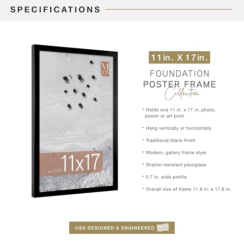 Image of MCS Foundation 11x17 Poster Frame Traditional Black, Vertical & Horizontal Wall Hanging Large Picture Frame for Photos, Posters & Art Prints (1-Pack)