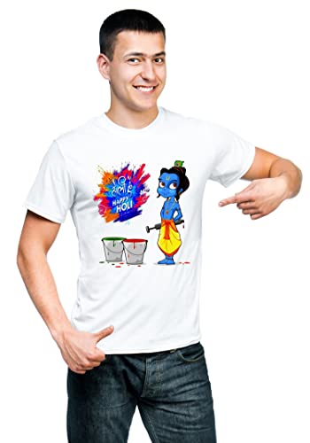Image of Knitted Polycotton Fabric Regular Fit Men Boys Half Sleeve T-Shirt for Festival of Holi Style 19 White Size : Free