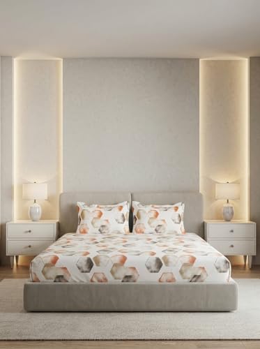 Image of DDECOR Live Beautiful 100% Cotton 145TC Geometric King Bedsheet with 2 Pillow Covers | Rotary Printed Breathable Fabric | 224 CM X 254 CM | Luxury Bedding for Home | Cresta Collection | Copper Brown